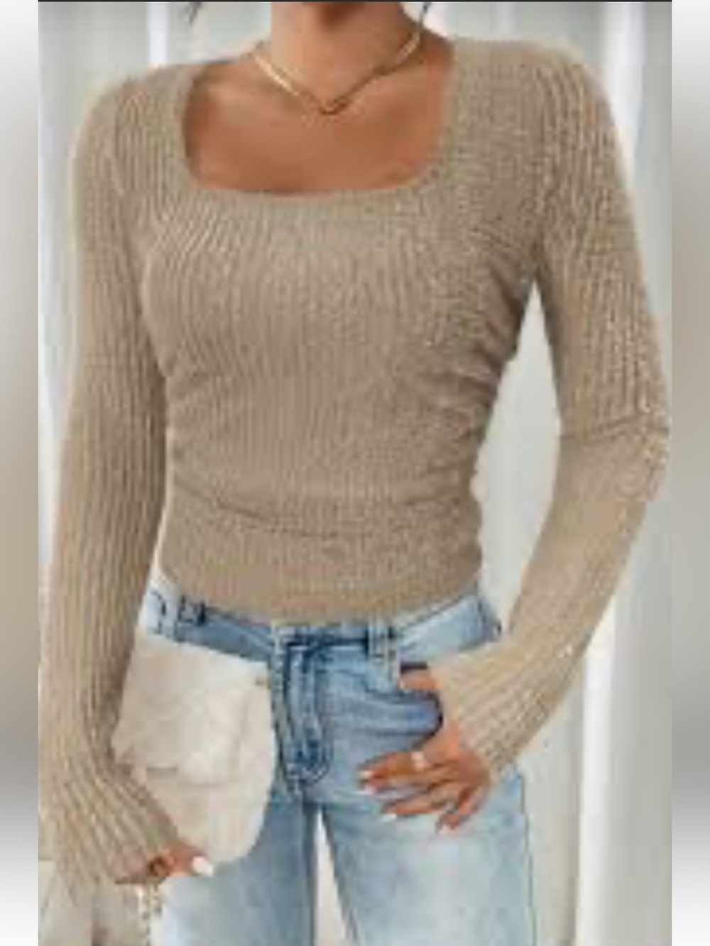 SHEIN Beige Square-Neck Ribbed Long Sleeve Top